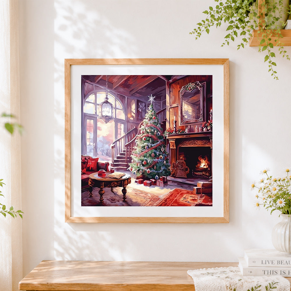 Finished elegant christmas living room cross stitch artwork displayed