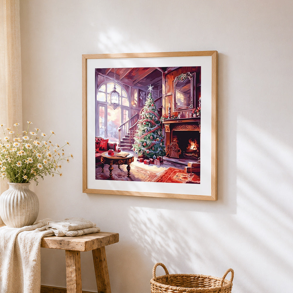 Elegant christmas living room cross stitch artwork displayed on wall as home decor