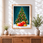 Finished elegant christmas tree with gifts cross stitch artwork displayed