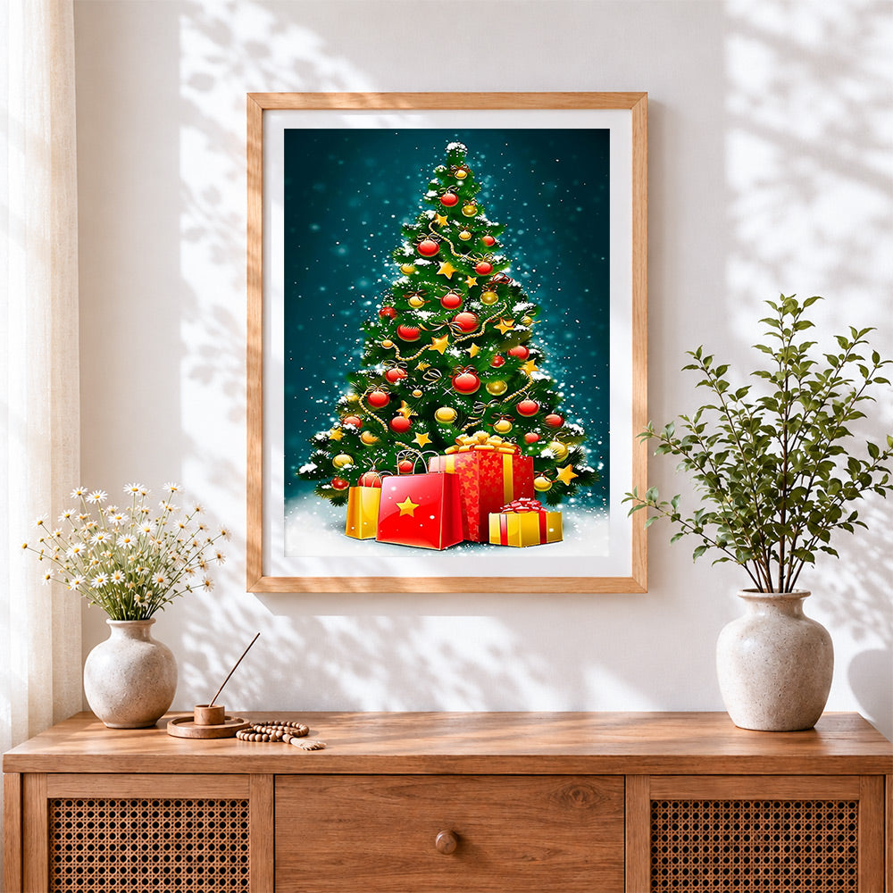 Finished elegant christmas tree with gifts cross stitch artwork displayed