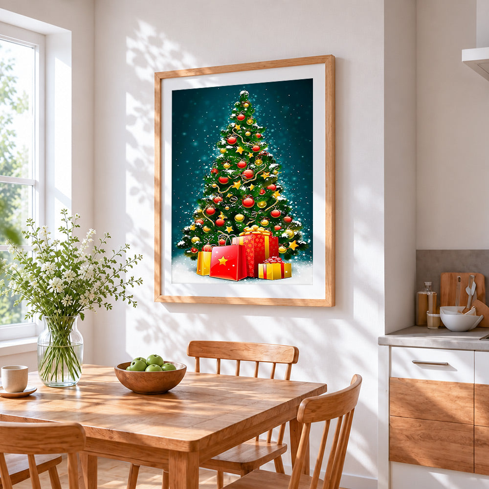 Elegant christmas tree with gifts cross stitch artwork displayed on wall as home decor