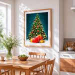 Elegant christmas tree with gifts cross stitch artwork displayed on wall as home decor