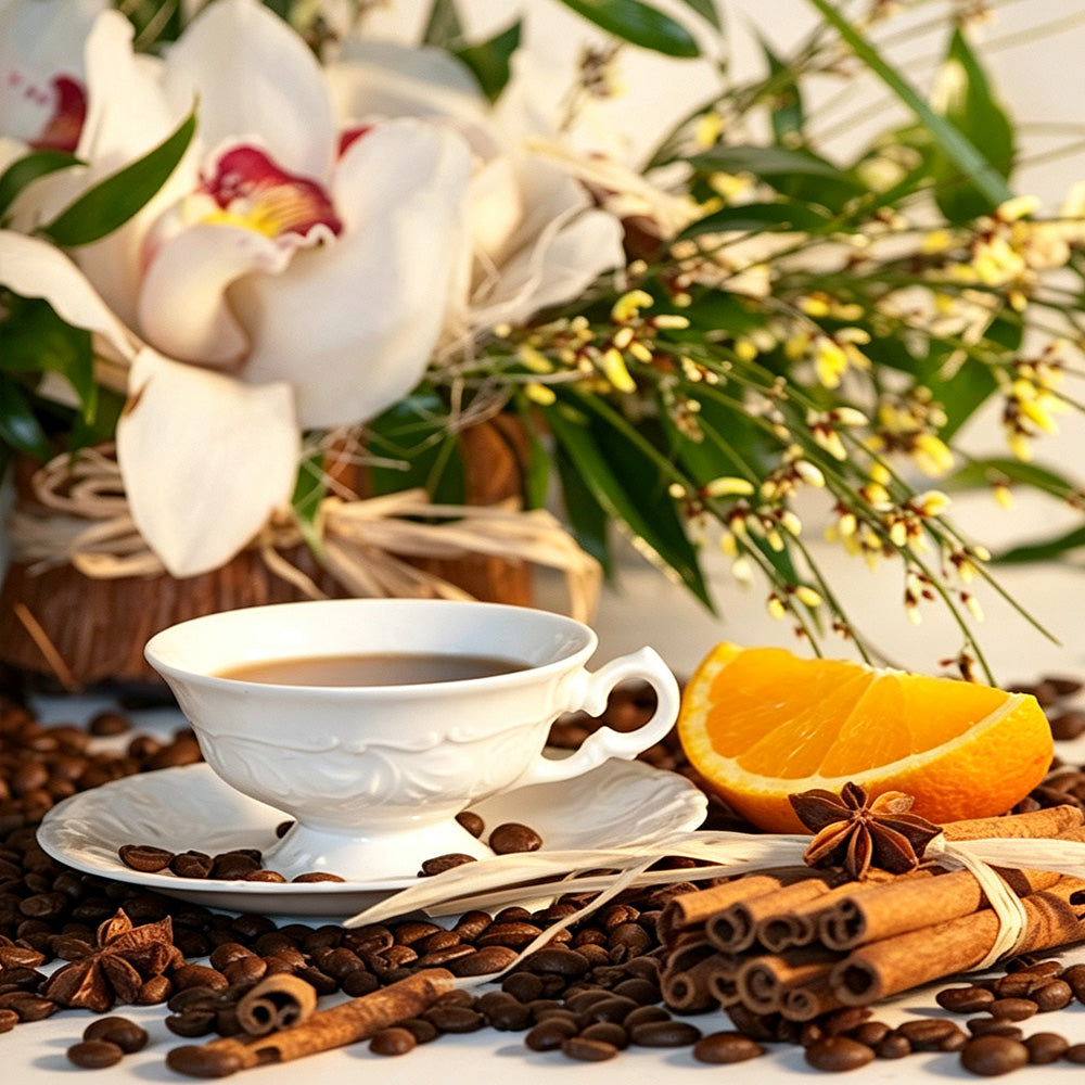 Elegant coffee cup with orchids cross stitch kit for beginners