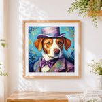 Finished elegant dog with top hat and bow tie cross stitch artwork displayed