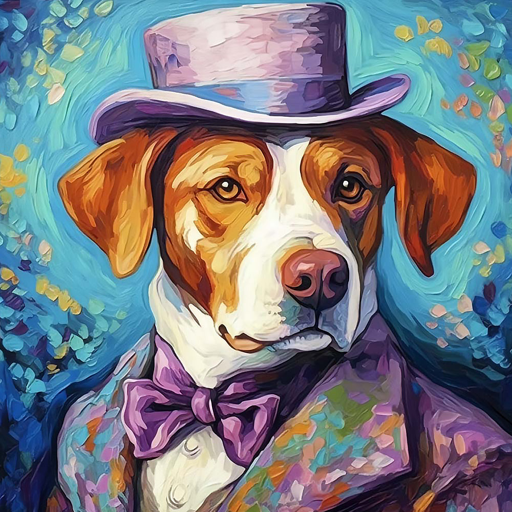 Elegant dog with top hat and bow tie cross stitch kit for beginners