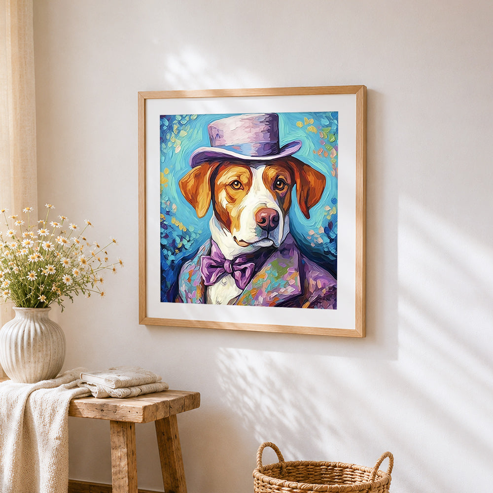 Elegant dog with top hat and bow tie cross stitch artwork displayed on wall as home decor