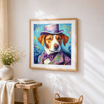 Elegant dog with top hat and bow tie cross stitch artwork displayed on wall as home decor