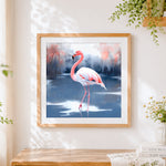 Finished elegant flamingo in winter cross stitch artwork displayed