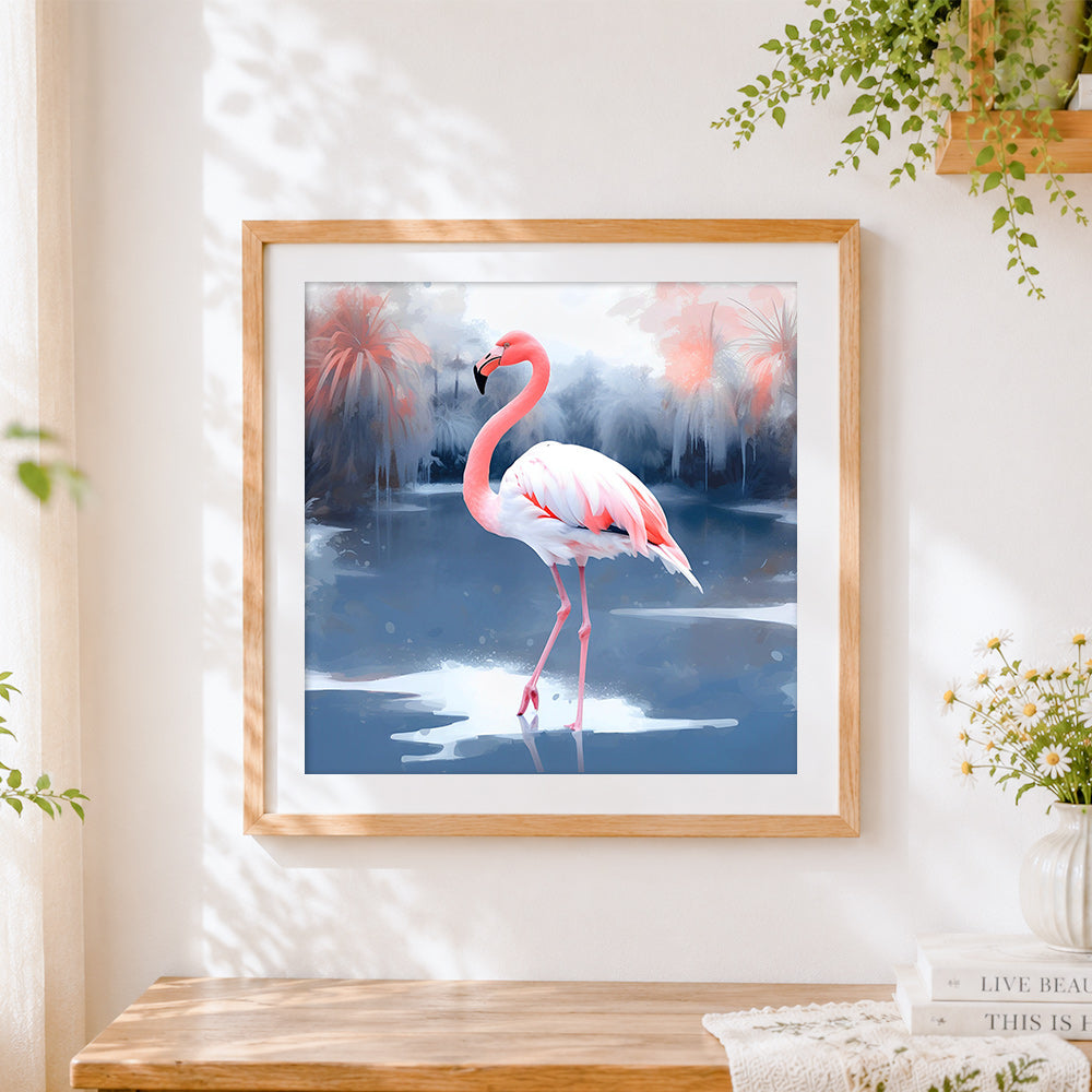 Finished elegant flamingo in winter cross stitch artwork displayed