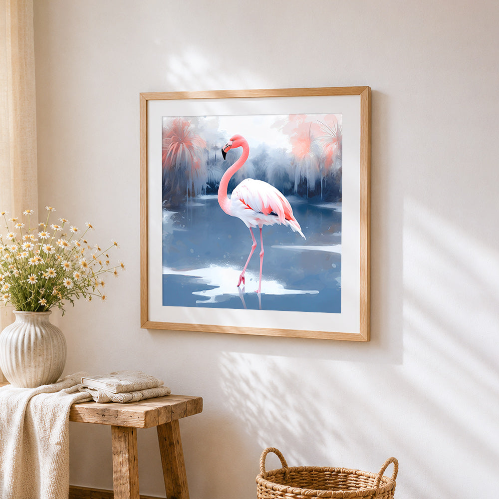 Elegant flamingo in winter cross stitch artwork displayed on wall as home decor