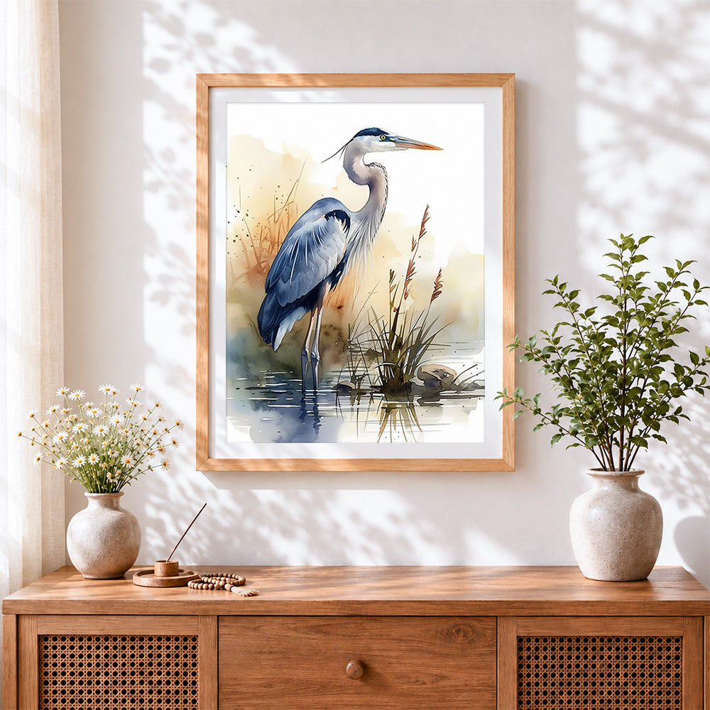 Finished elegant grey heron in watercolour cross stitch artwork displayed