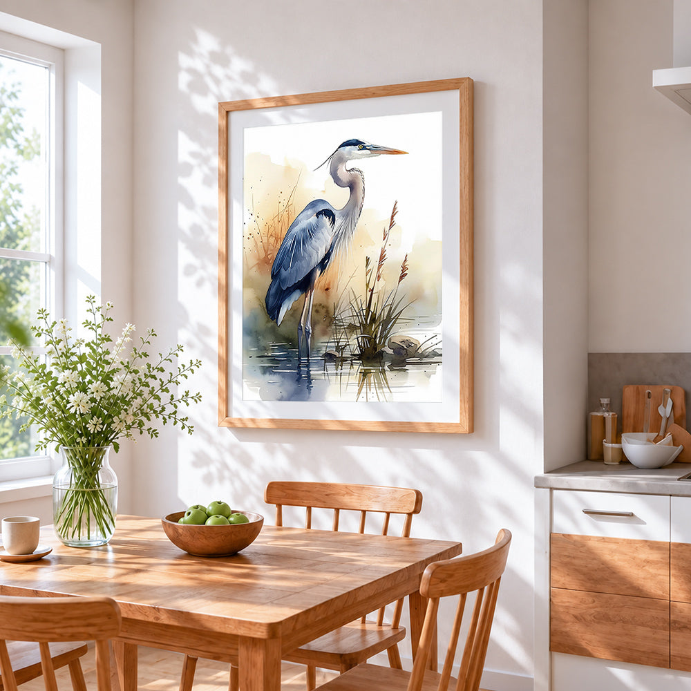 Elegant grey heron in watercolour cross stitch artwork displayed on wall as home decor