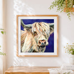 Finished elegant highland cow portrait paint by numbers artwork displayed as home decor