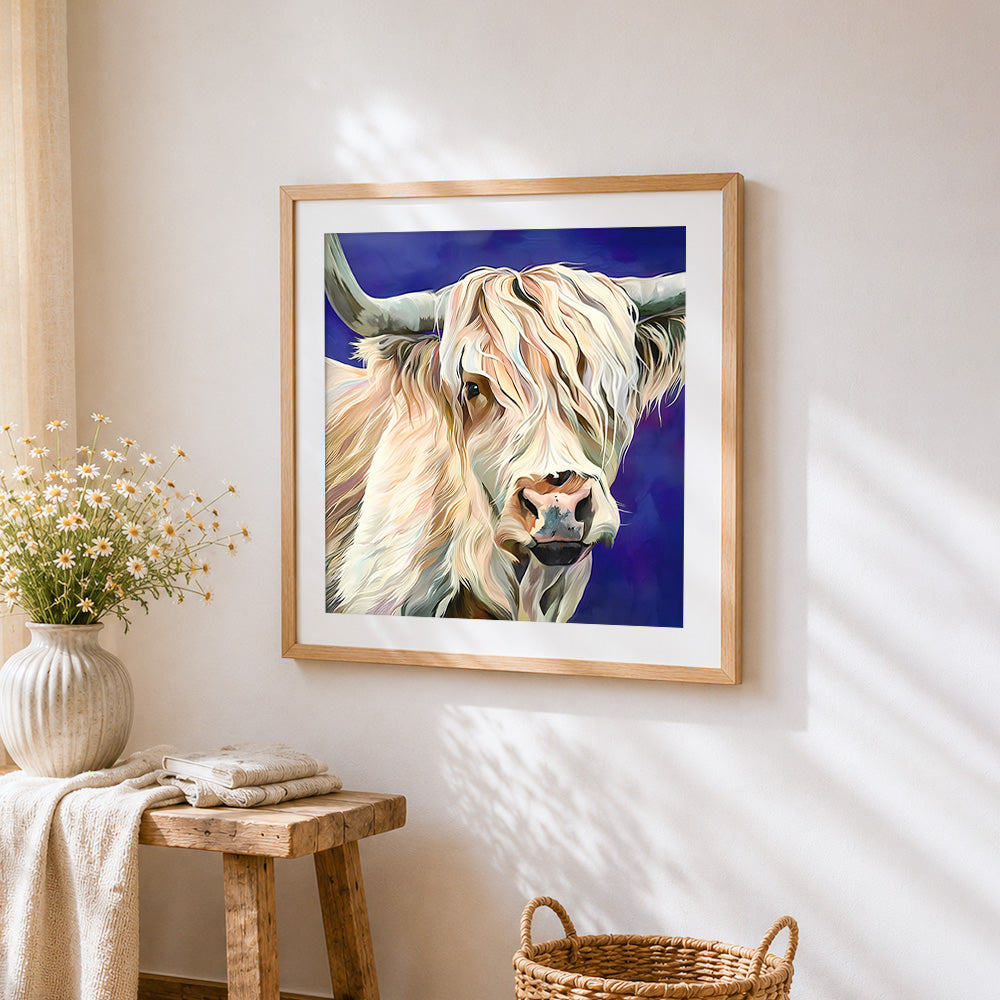 Elegant highland cow portrait paint by numbers artwork displayed on wall as home decor