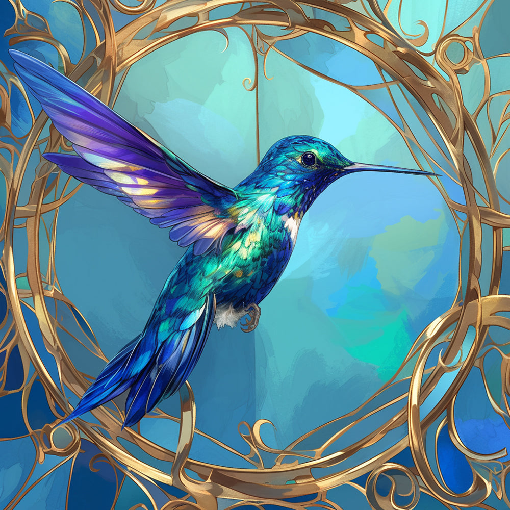 Elegant hummingbird in a gold frame cross stitch kit for beginners