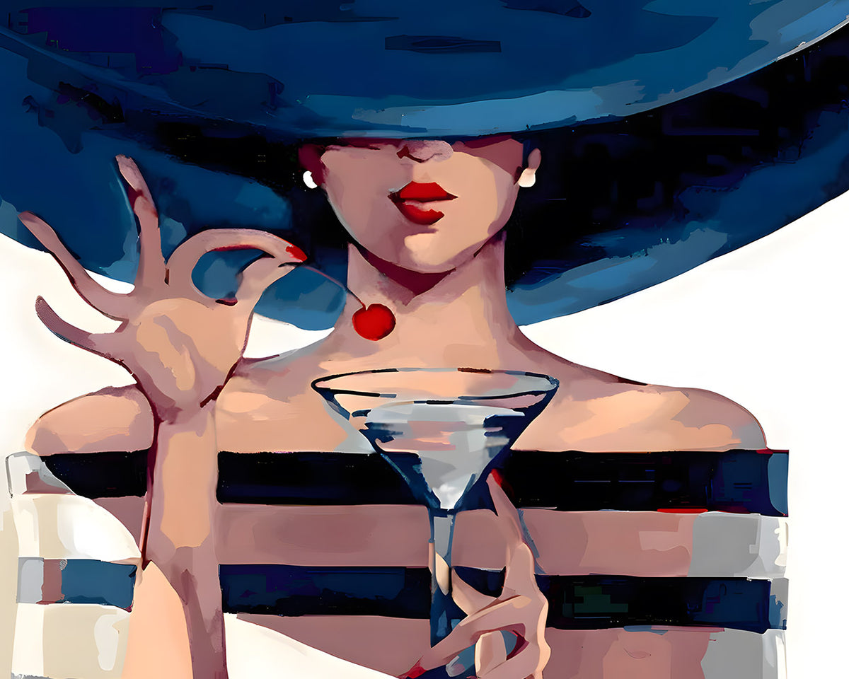 Elegant lady with martini and wide brim hat cross stitch kit for beginners