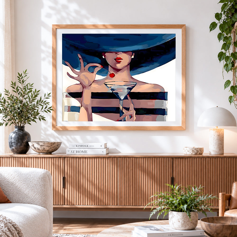 Finished elegant lady with martini and wide brim hat paint by numbers artwork displayed as home decor