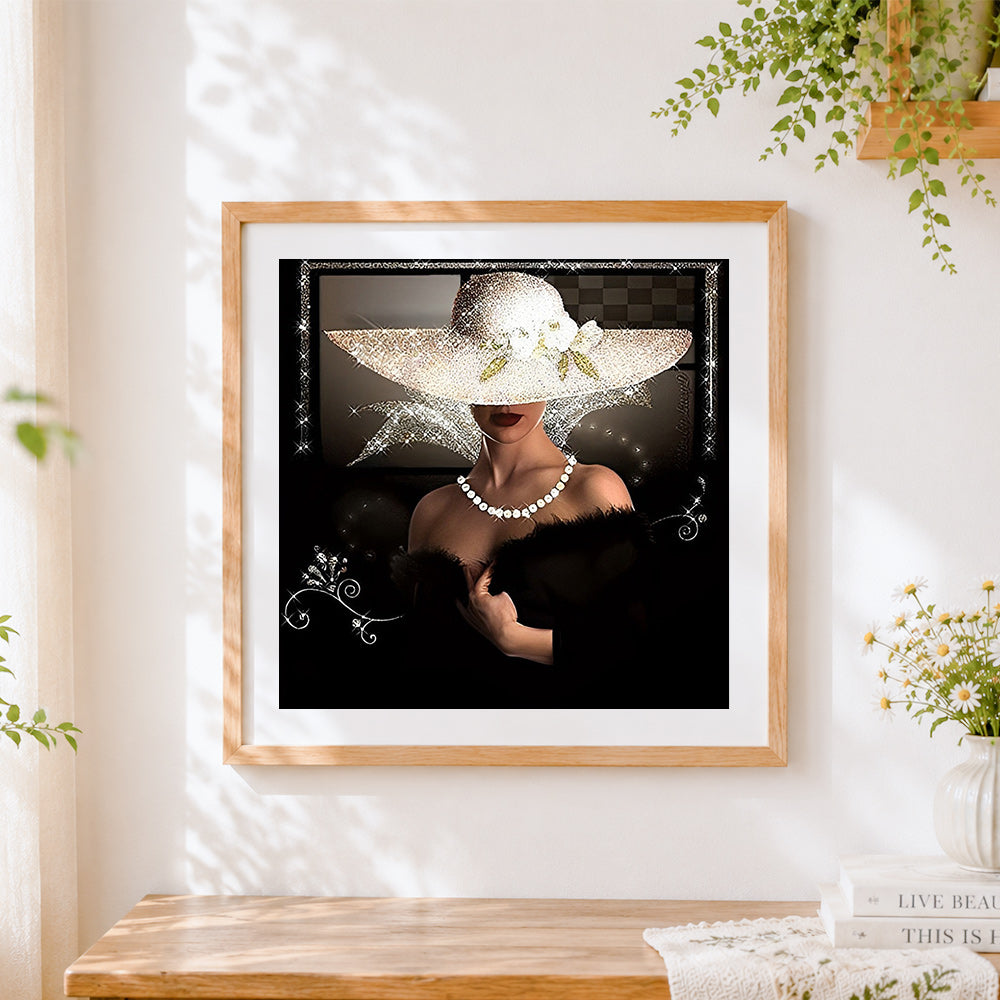 Finished elegant lady with white hat paint by numbers artwork displayed as home decor