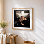 Elegant lady with white hat paint by numbers artwork displayed on wall as home decor