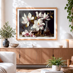Finished elegant magnolia still life paint by numbers artwork displayed as home decor
