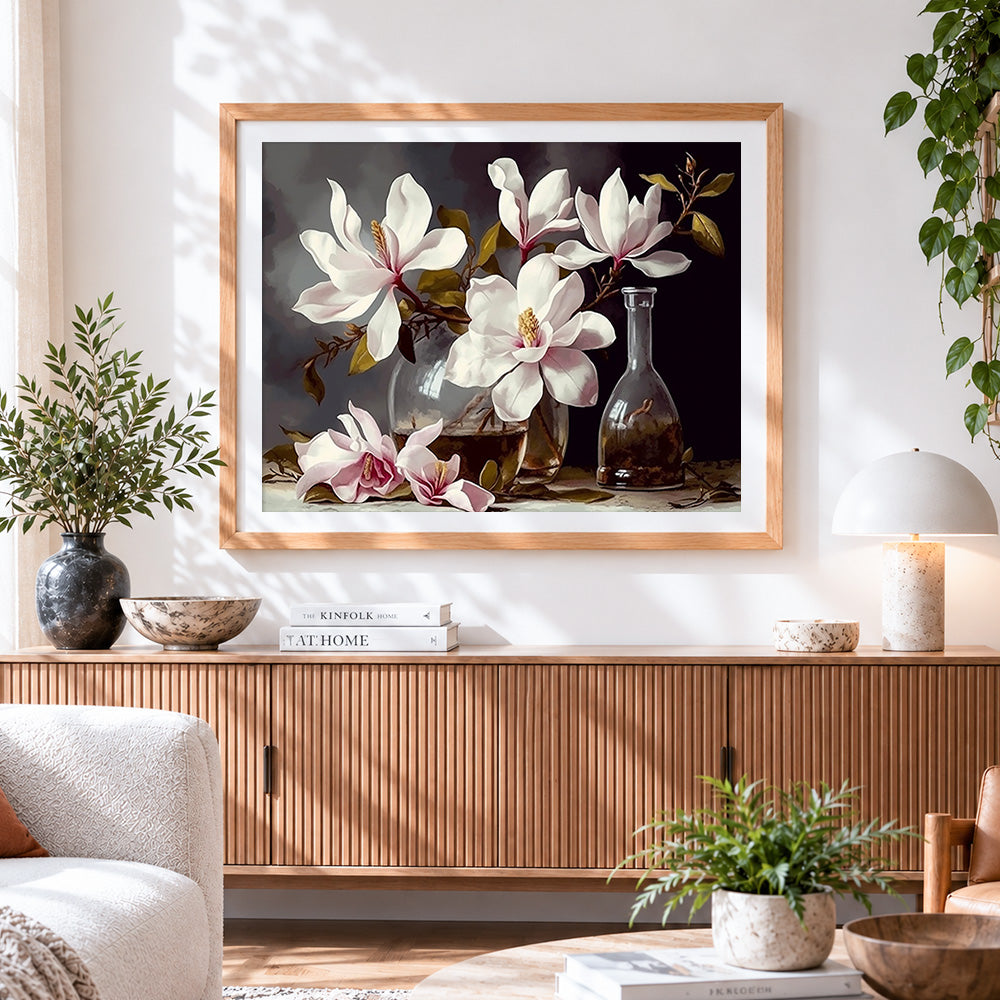 Finished elegant magnolia still life paint by numbers artwork displayed as home decor