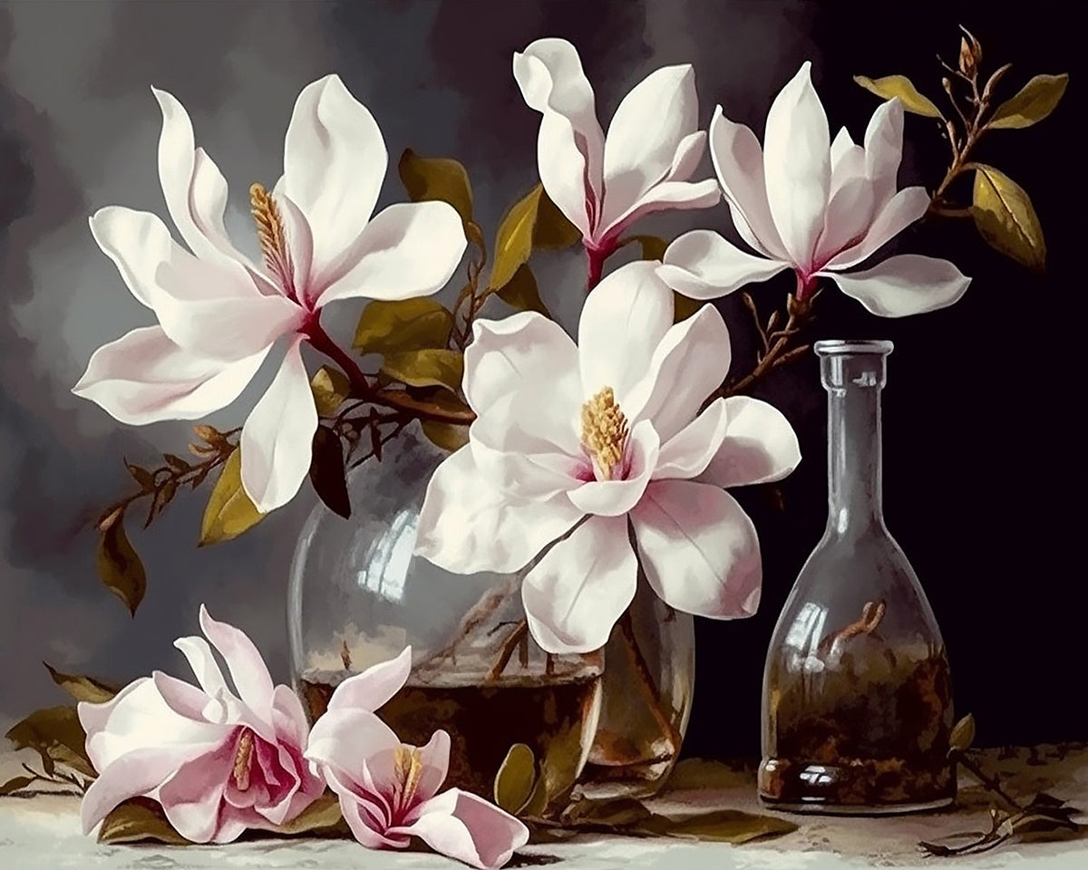 Elegant magnolia still life paint by numbers kit for beginners