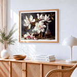 Elegant magnolia still life paint by numbers artwork displayed on wall as home decor