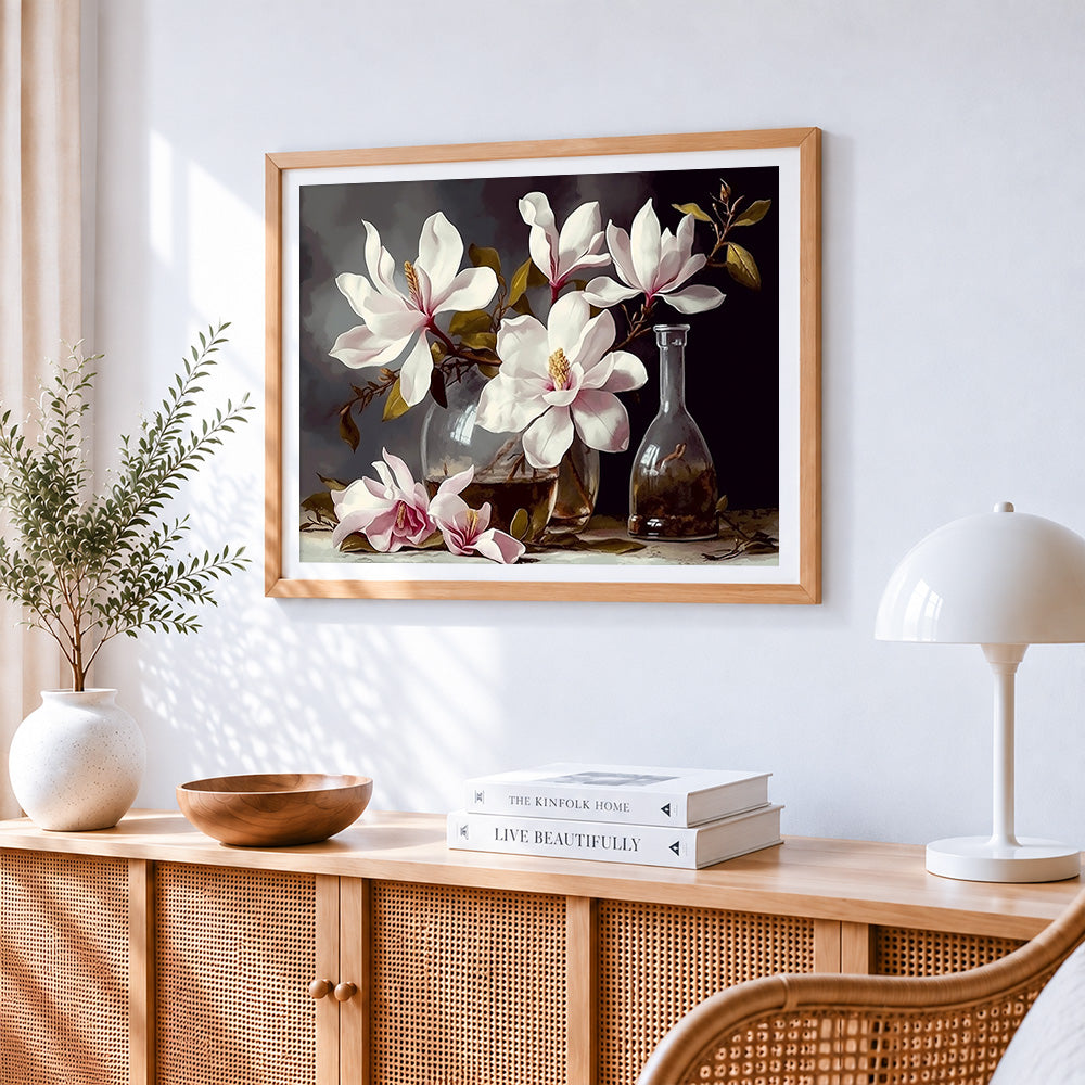 Elegant magnolia still life paint by numbers artwork displayed on wall as home decor