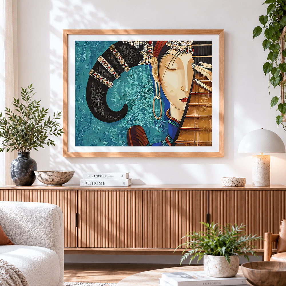 Finished elegant oriental woman with headpiece paint by numbers artwork displayed as home decor