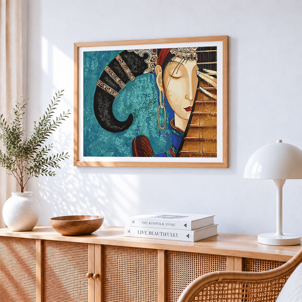 Elegant oriental woman with headpiece paint by numbers artwork displayed on wall as home decor