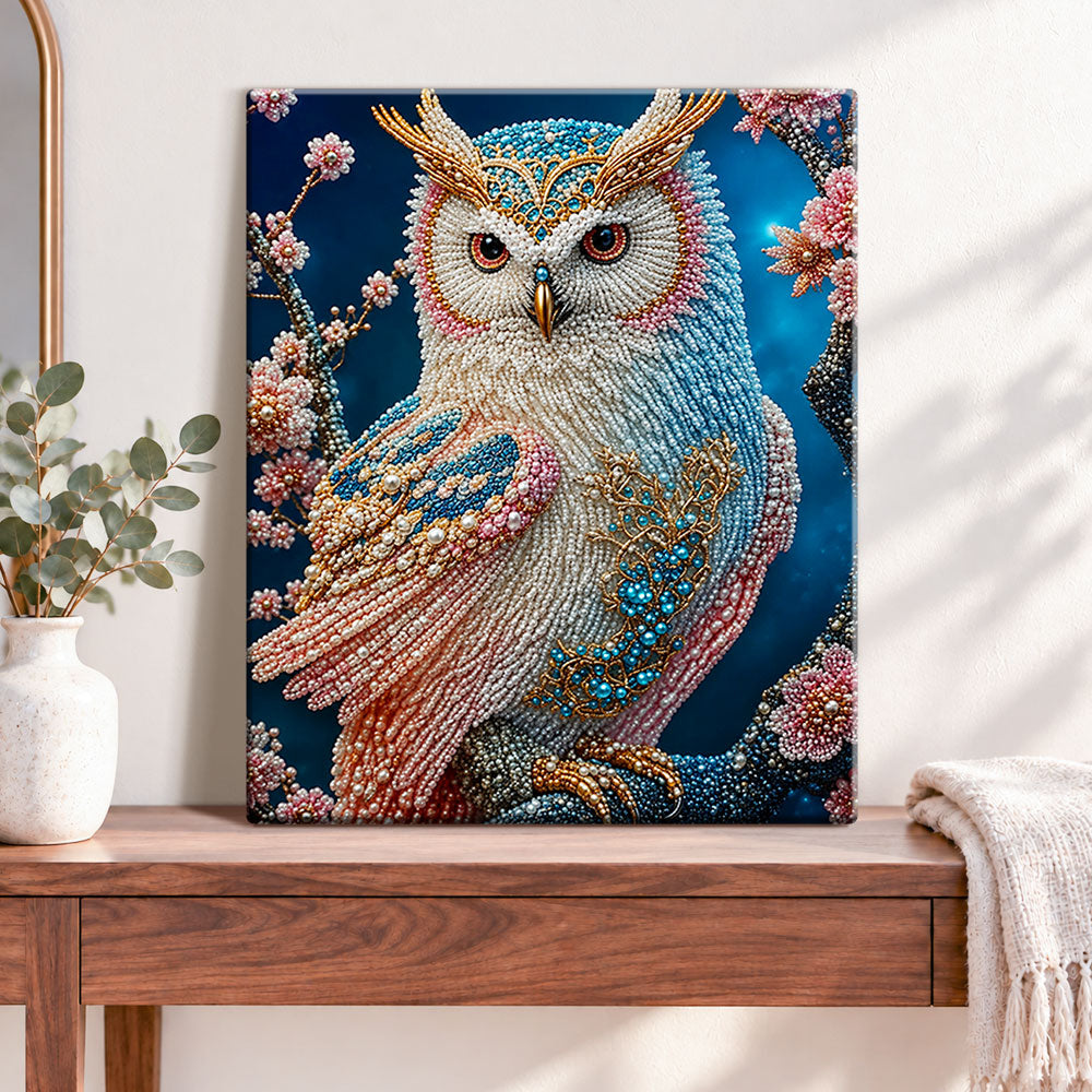 Finished elegant pearl owl on blossom branch pearl diamond painting artwork displayed as home decor
