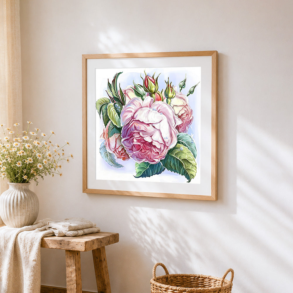 Elegant pink roses and buds cross stitch artwork displayed on wall as home decor