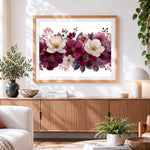 Finished elegant plum and white flowers paint by numbers artwork displayed as home decor
