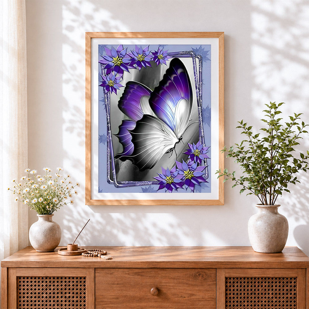 Finished elegant purple and white butterfly cross stitch artwork displayed