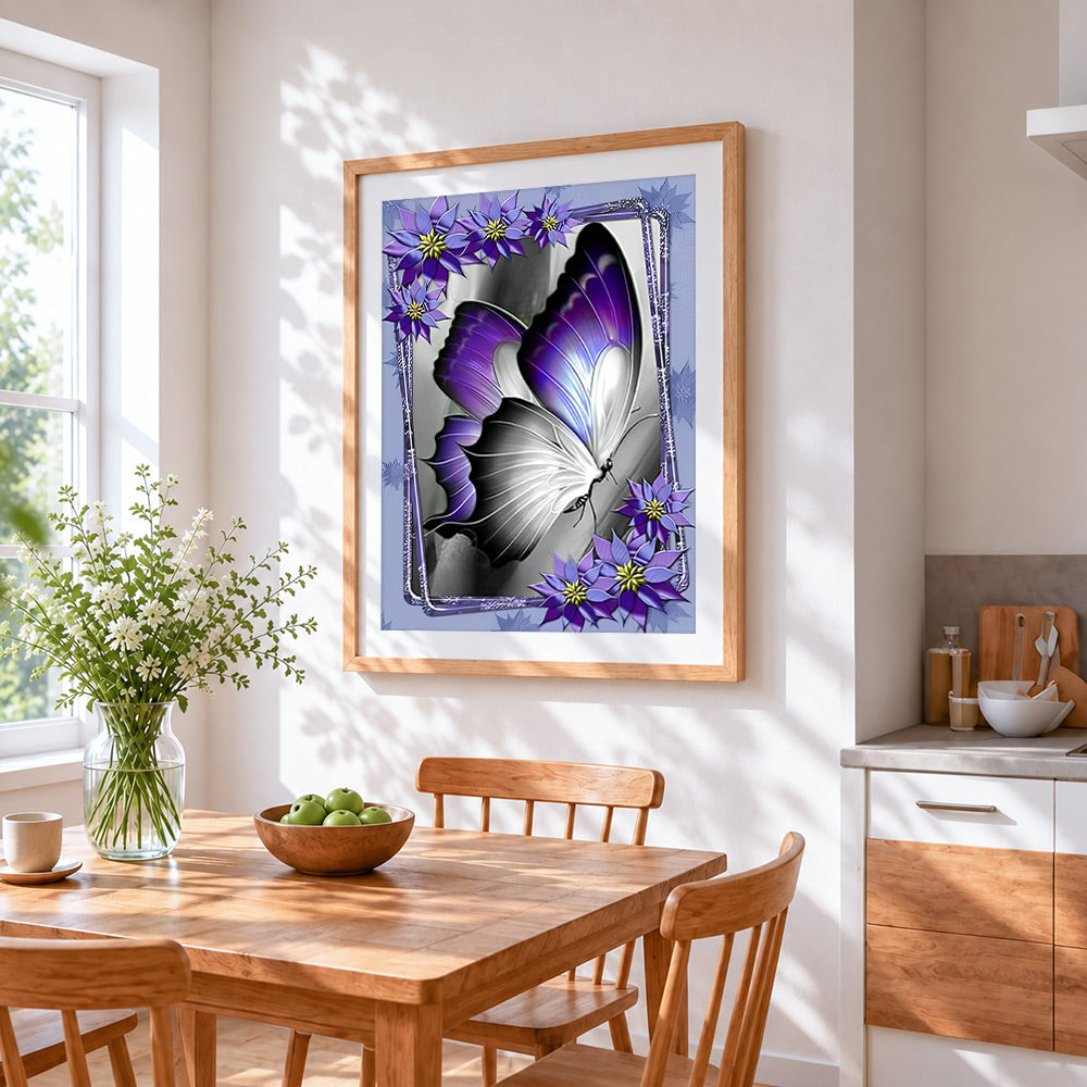 Elegant purple and white butterfly cross stitch artwork displayed on wall as home decor