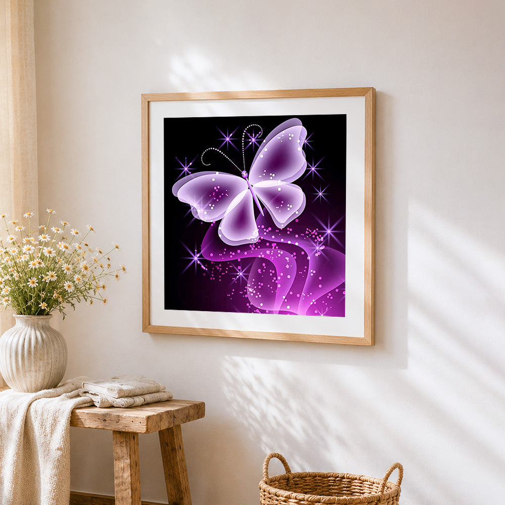 Elegant purple crystal butterfly cross stitch artwork displayed on wall as home decor
