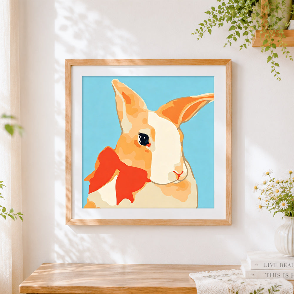 Finished elegant rabbit with red bow cross stitch artwork displayed