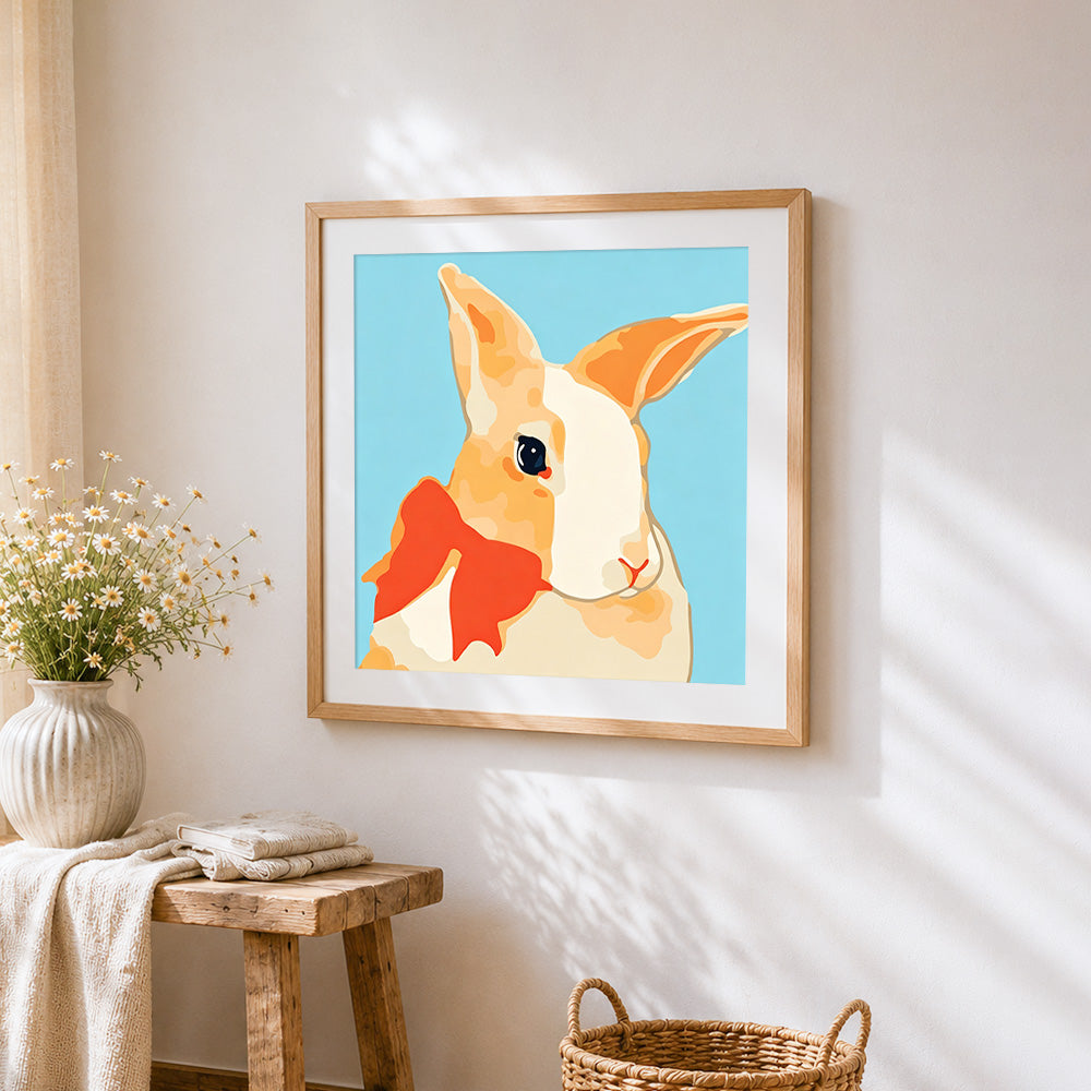 Elegant rabbit with red bow cross stitch artwork displayed on wall as home decor