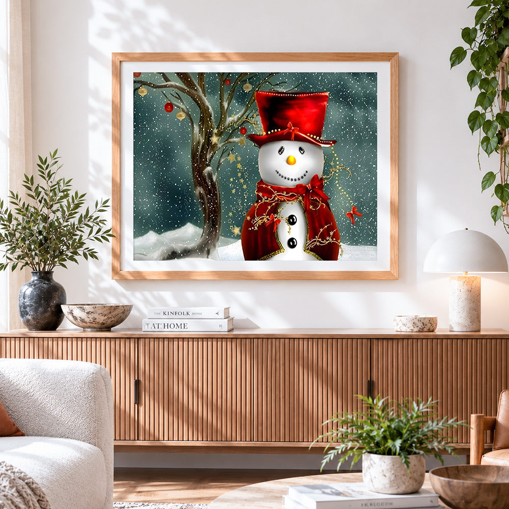 Finished elegant snowman with red hat cross stitch artwork displayed