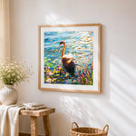 Elegant swan on water cross stitch artwork displayed on wall as home decor