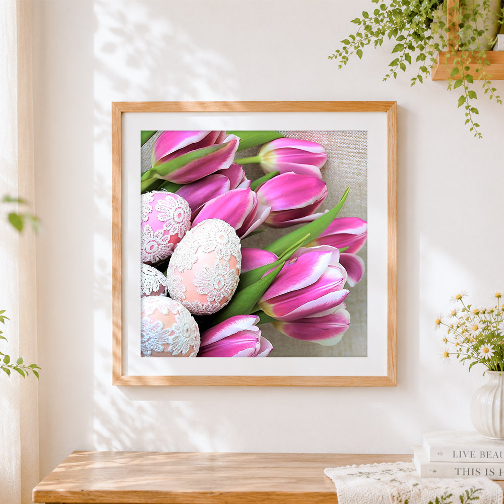 Finished elegant tulips and lace decorated easter eggs cross stitch artwork displayed