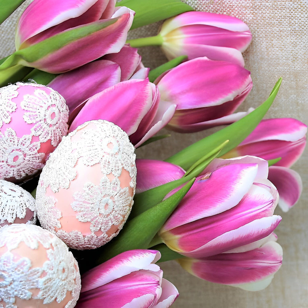 Elegant tulips and lace decorated easter eggs cross stitch kit for beginners