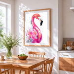 Elegant watercolour flamingo cross stitch artwork displayed on wall as home decor