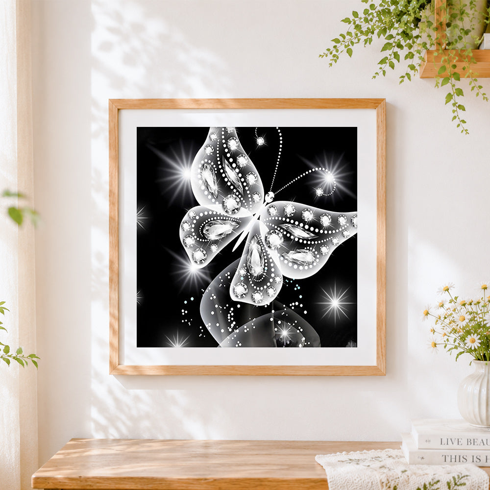 Finished elegant white crystal butterfly paint by numbers artwork displayed as home decor