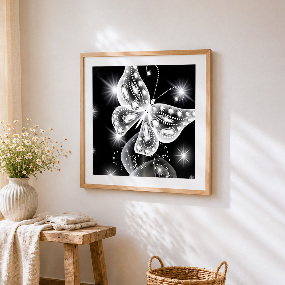 Elegant white crystal butterfly paint by numbers artwork displayed on wall as home decor