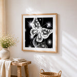Elegant white crystal butterfly paint by numbers artwork displayed on wall as home decor
