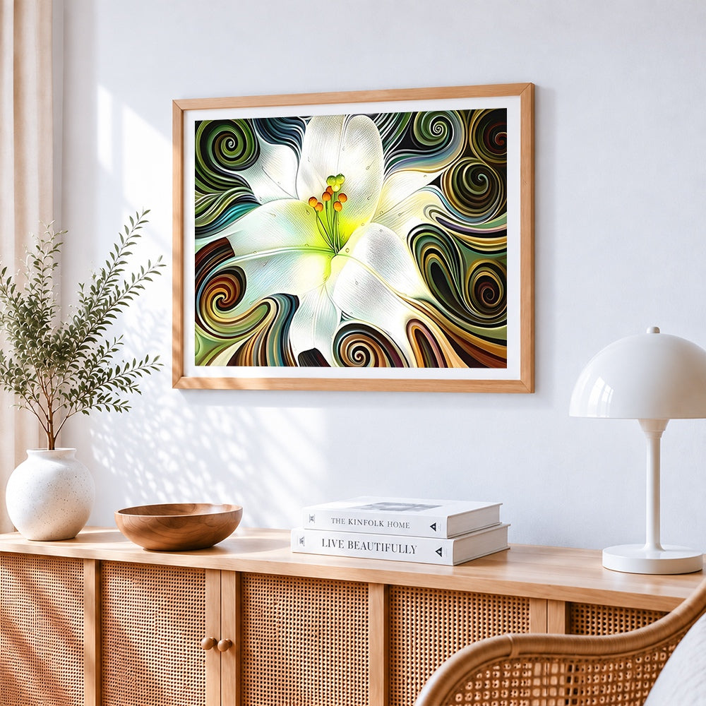 Elegant white lily with swirl patterns cross stitch artwork displayed on wall as home decor