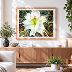 Finished elegant white lily with swirl patterns paint by numbers artwork displayed as home decor