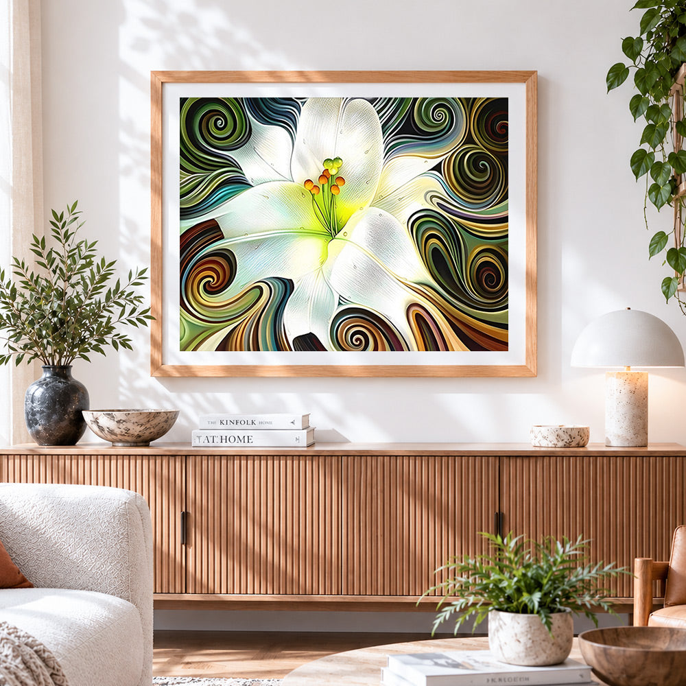 Finished elegant white lily with swirl patterns paint by numbers artwork displayed as home decor