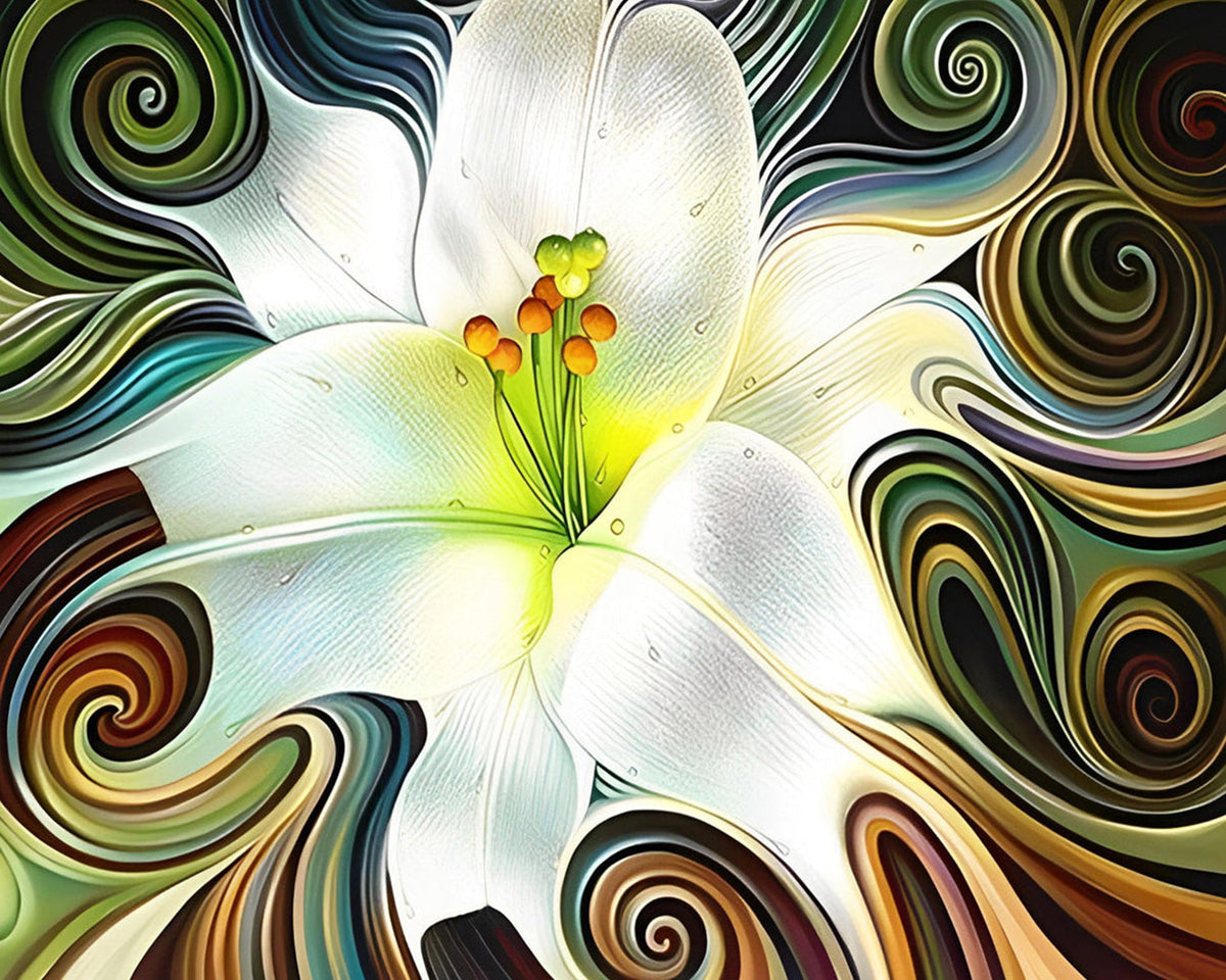 Elegant white lily with swirl patterns paint by numbers kit for beginners
